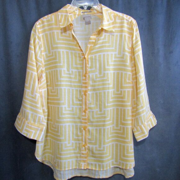 Chicos No Iron Linen Button Up Top Size L 2 Yellow White Geometric 3/4 Sleeve - Picture 8 of 8